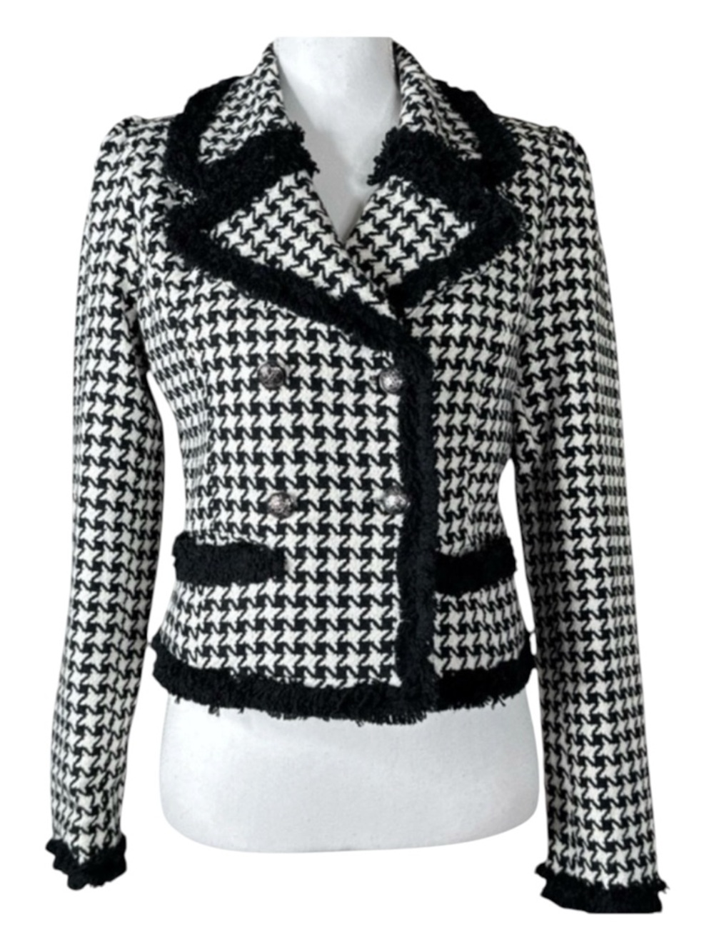 FOREIGN EXCHANGE Houndstooth Wool Blend Blazer w/Pockets & Fringe Trim, Size L.